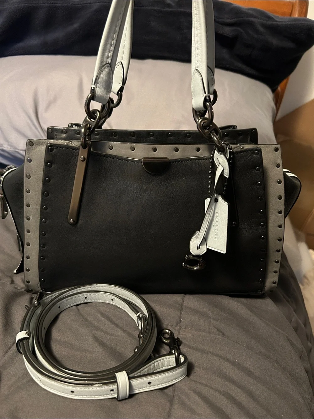 Coach Dreamer 27 Black, Light Gray, and Baby Blue Studded Leather Satchel - Picture 1 of 13
